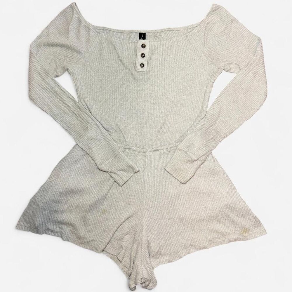 Out From Under Grey Long-Sleeve Off The Shoulder Lounge Romper, XS